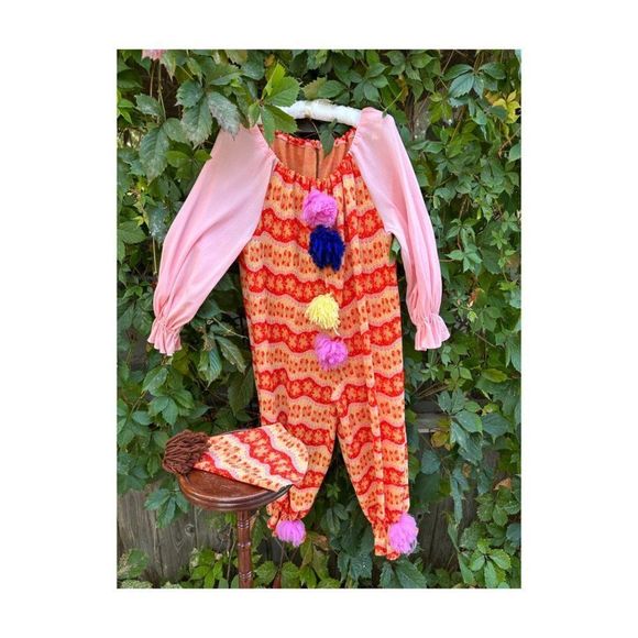 Vintage 70s Handmade Knit Clown Costume PomPoms 2 Hats Pink Red Yellow - Picture 12 of 16